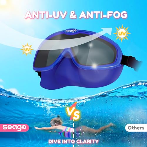 Seago Kids Swim Goggles with Nose Cover 2 Pack for 3-14 Anti-Fog Clear View - color: Blue & Purple