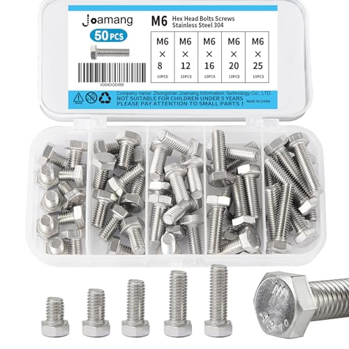 M6 x 8mm 12mm 16mm 20mm 25mm Hex Bolts, Hexagon Head Screws, 304 Stainless Steel(A2-70), Metric Fully Thread, Bright Finish, Assortment Kit 50PCS - size: M6x8-25mm (50PCS)