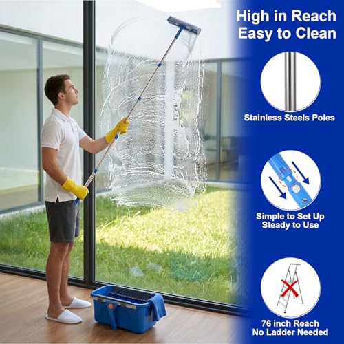 Professional Window Cleaning Kit, Window Washing Kit with 3 Gallon Bucket, 14-Inch Squeegee, 15-Inch Scrubber, 76-Inch Extendable Pole, Set of Window Cleaning Equipment for Home & Commercial Use - size: 76 inch