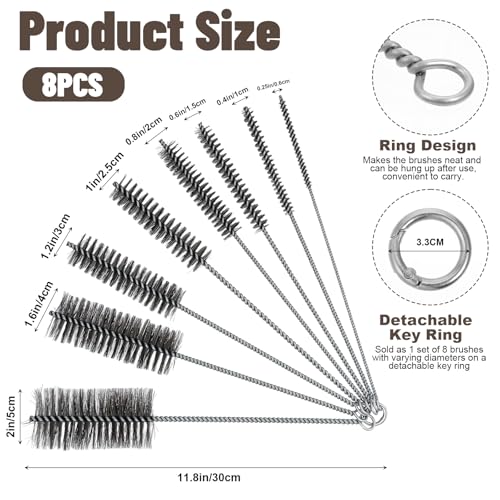8 Pcs 11.8 Inch Pipe Cleaning Brush Set with Stainless Steel Bristles, Variety Pack Tube Bottle Brush for Auto Parts, Guns, Tubes, Cylinders