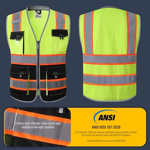 JKSafety Safety Vest for Men Women Hi Vis with Pockets and Cushioned Collar Construction Vest Meet ANSI Standard (BX360) - color: Yellowblack, size: Large