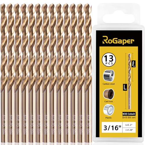 3/16 Inch Cobalt Drill Bits, 13 Pack of M35 HSS, 135 Degree Tip, Jobber Length Twist Drill Bit Set for Hard Metal, Stainless Steel, Cast Iron, Wood and Plastic, with Storage Case - style: 3/16-13pcs