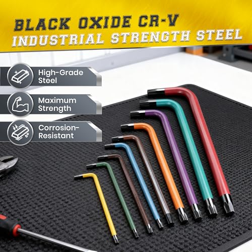 Yellow Paw Torx Wrench Set (9 Pack of Security Tamper Proof Keys) Color Coded in the Following Sizes - T10, T15, T20, T25, T27, T30, T40, T45, and T50