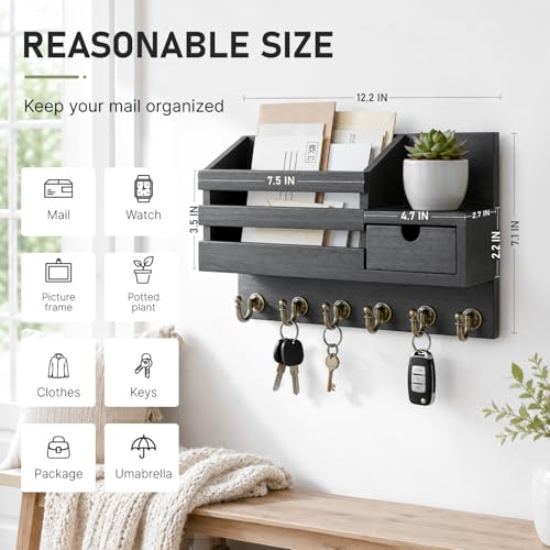 FifthQuarter Key Holder Wall Mount with Drawer and 6 Sturdy Hooks, A-Black - color: A-Black