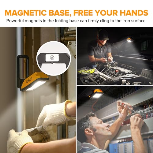 LUTEC Rechargeable Work Light, 1000 Lumens LED Magnetic Light with Magnetic Base and Hanging Hook，360°Rotate and 200°Swivel for Car Repair, Emergency and Camping-2 Pack (Orange)