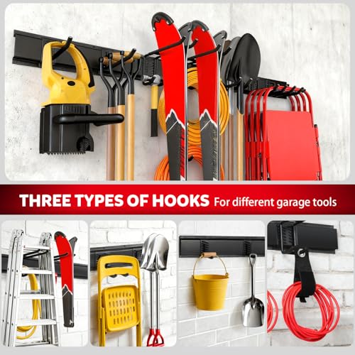 64 Inches Garage Tool Organizer Wall Mount, Tool Storage Rack Wall Mount, Heavy Duty Garden Wall Organizer System for Yard, garage and Shed, Tool Holder for Hanging Rake Snowboard Broom Mop - size: 64" Alloy Steel