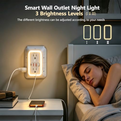 Multi Plug Outlet Surge Protector, 6 Outlet Extender and 4 USB with PD30W USB-C Fast Charging, 3-Sided 1050J Surge Protector Power Strip with Night Light for Home Travel Office-ETL - color: White-30W-1Pcs