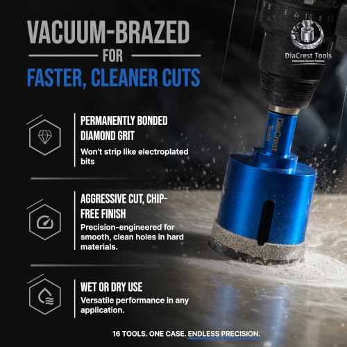 16-Piece Diamond Hole Saw Kit – Vacuum-Brazed Diamond Drill Bits for Tile, Porcelain Tile, Ceramic, Granite & Marble – Includes Finger Bits, Dust Guard, Adapter & Carrying Case