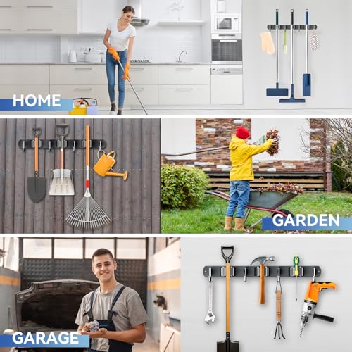 ZONGOOL 2 Pack Mop Broom Holder Wall Mount 3 Racks 4 Hooks Storage Black - color: Black, size: 2Pack 3R4H