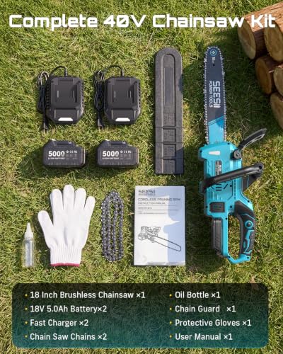 SEESII 40V Electric Chainsaw Cordless 18-Inch with 2 x 5.0Ah Batteries - color: Keppel