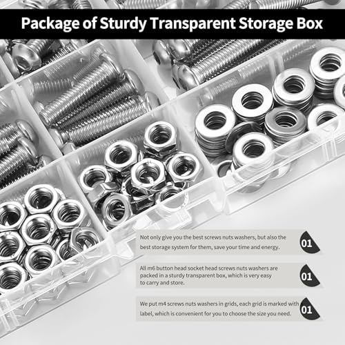 300 Pcs M6 Nuts and Bolts Assortment Kit, Pan Head Machine Screws, Hex Button Head Socket Cap Screws, Bolts and Washers, Stainless Steel Metric Screw Assortment, Fully Threaded - size: M6