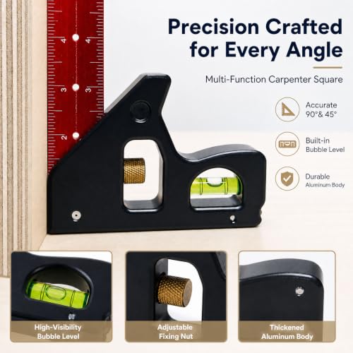 Combination Square 12 Inch, Precision Woodworking Square with Support Lip