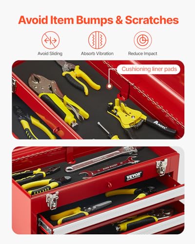 VEVOR Metal Tool Box, 20.5-inch, Portable Metal Tool Box with 3 Drawers, Small Tool Chest with EVA Liners, Ball Bearing Slide Drawers Locking & Powder Coated Finish, Multi-Function Tool Organizer, Red - size: 3 Drawers-Red