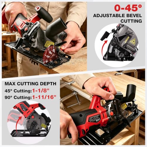 SHALL 20V Cordless Mini Circular Saw, 4-1/2’’ 4000RPM Power Circular Saw with 4.0Ah Battery, Laser Guide, 3 Saw Blades Max Cutting Depth 1-11/16" (90°), 1-1/8" (45°) for Wood, Tile, Plastic