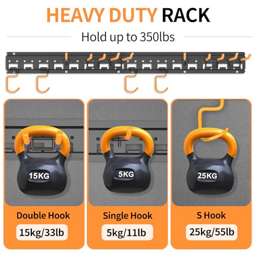 Garden Tool Organizer Wall Mount - Garage Storage and Organization Yard Tool Hanger with Adjustable Pegboard Hooks Shed Rack for Broom Mop Shovel Rake Trimmers, 32 inch Max 350lbs, Black - size: 32 Inch