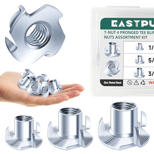 180-Pack 1/4"-20 5/16"-18 3/8"-16 T-Nuts Assortment Kit Zinc Plated Steel, 4-Pronged Tee Nut for Wood, Rock Climbing Holds T Nuts Set Nutserts for Wood Furniture