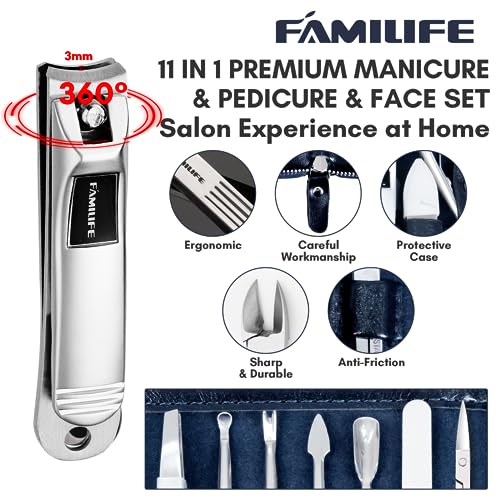 FAMILIFE Stainless Steel Manicure Set 11-in-1 Professional Nail Clipper Kit | Portable Leather Travel Case, Pedicure & Grooming Tools for Fingernails & Toenails, Luxury Gift for Men & Women, Navy Blue - color: Navy Blue