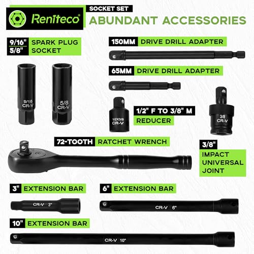 Reniteco 56-Piece 3/8" Drive Socket Set, SAE 5/16"-3/4", Metric 8-22mm, Cr-V - size: 3/8"-56 PCS