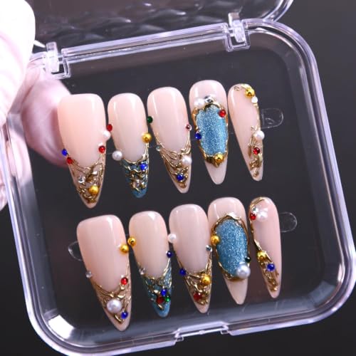 MAGLFELL Press On Nails- Handmade Stiletto French Tip Fake Nails with Colorful Pearls, 10 Pcs Reusable Acrylic False Nails for Women, M - color: Colorful Fantasy, size: M