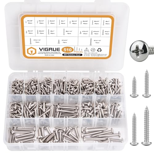 VIGRUE 510Pcs Stainless Steel Wood Screws Assortment Kit, #4#6#8#10#12 Phillips Pan Head Sheet Metal Screws Self Tapping Screws Set,Length 3/8" to 1-1/2" - style: 510Pcs Pan Head #4#6#8#10#12