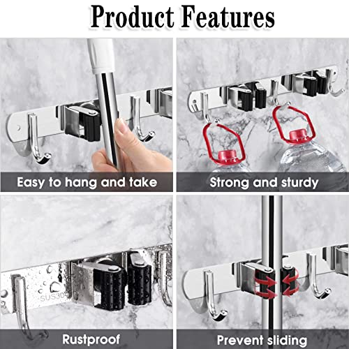 AceMining Broom Holder Wall Mount, 2 Racks 3 Hooks Heavy Duty Mop Organizer - color: 2 Racks & 3 Hooks (Silver) - 1 Pack
