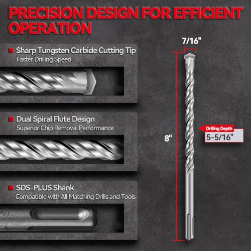 SALI SDS Plus Rotary Hammer Drill Bit Set，7/16" x 8", 10-Pack, Carbide-Tipped Masonry Bits for Concrete, Brick & Stone with Storage Case - size: 7/16"*8"