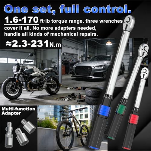 1/4 3/8 1/2 9PC Torque Wrench Set 20-220 In lb,5-45 &10-170 Ft lb,3 extension bar & 3 adapter,3% Accuracy,72 T,Chrome plated,anti-rust,no scratch & wear-resistant than Black,for DIY, bike,car & truck
