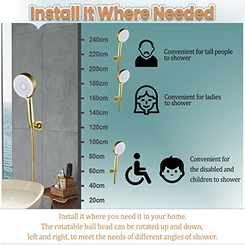 Shower Head Holder Handheld Shower Wand Holder Adjustable Shower Head Bracket Shower Wall Mount Holder, Brushed Brass/Gold Finish, Drill Free Glue Installation - color: Gold