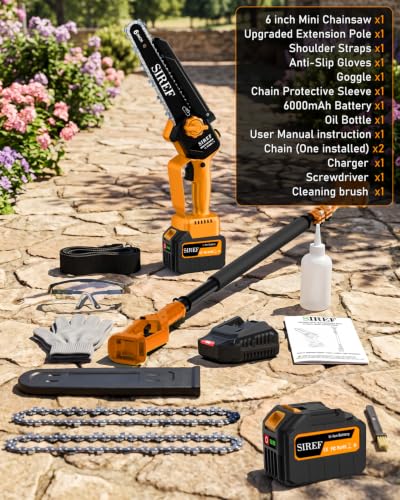 Electric Pole Saw 6“ Mini Chainsaw Cordless Telescopic 6.0Ah Batteries Fast Charger Adjustable Shoulder StrapTree Trimmer Limb Branch Cutter Pruner 16 Ft Max Reach Multi-Angle Yellow - color: Yellow-1 Battery