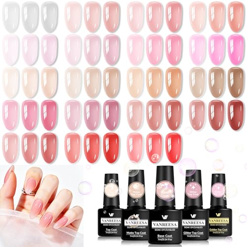 VANREESA 24Pcs Jelly Gel Nail Polish Set -Soft Nude Milky White Pink Red Brown Jelly Translucent Gel Polish Colors with Base Coat 4 Top Coats Neutral Colors All Seasons Nail Polish Set Gifts for Women - color: Sheer & Natural Jelly Gel