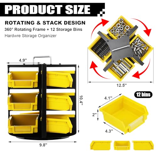 Geelin 12 Bins Rotating Storage Bins Tool Organizer 3 Tiers Hardware Crafts Small Parts, Nuts and Bolts, Revolving Storage for Workshop, Shed, Garage, Home (Yellow)
