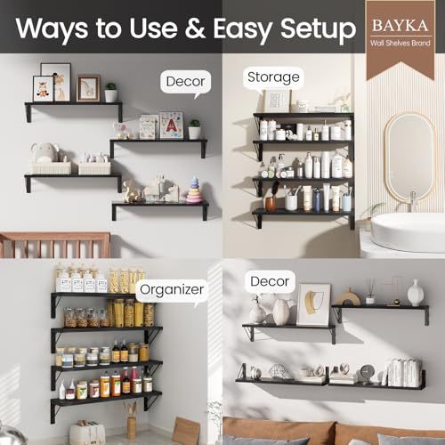 BAYKA Wall Mounted Floating Shelves, Wood, Black, Set of 4, 23in - color: A. Black Board & Black Brackets, size: 23-inch Uniform