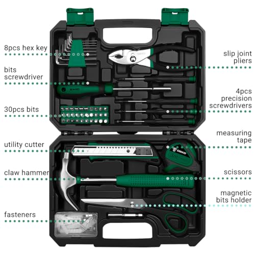 DEKOPRO 50 Piece General Household Hand Tool Kit with Plastic Toolbox Storage Case, All Purpose Home Tool Kit Includes Essential Tools for Office College Repairs - Green - color: Green-50pcs