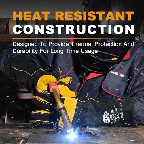 TOPDC Welding Gloves 16-Inch 932°F Heat Resistant Leather for MIG, Stick - color: 16 Inch Black-yellow