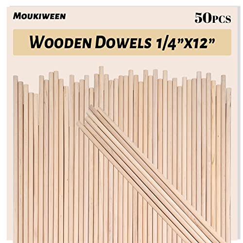 Wooden Dowel Rods, 50PCS 1/4 x 12 Inch Round Wooden Sticks for Arts Crafts, Home Decor, Cake Support, Photo Booth Props, Unfinished Natural Hardwood Sticks - size: 1/4 x 12 Inch (50PCS)