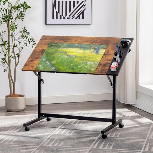 VECELO Vintage Drawing Drafting Table, Adjustable Tilting Top Art Desk Craft Work Station with Pencil Ledge, Lockable Slide Rolling Wheels for Painting Diamond Reading Writing Study, Rustic Brown