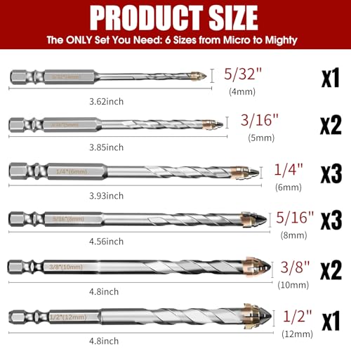 12-Piece Masonry Drill Bit Set, Concrete Drill Bit Set, 6 Sizes, 5/32"-1/2" - size: 5/32"-1/2" (12PCS)