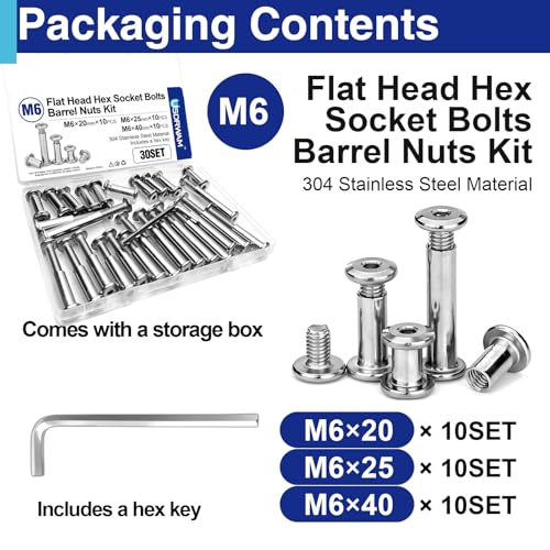 30 Sets M6 Barrel Nuts and Bolts Assortment, 20mm 25mm 40mm - size: 30 Sets M6 3 Size Kit