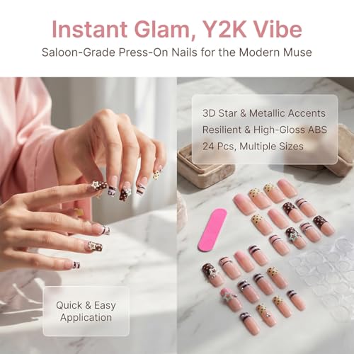 Medium Square Press On Nails Pink Brown with Y2K 3D Star Polka Dots - color: Style16