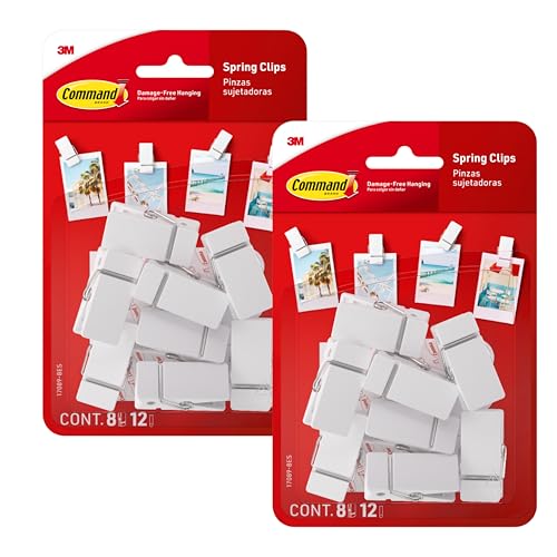 Command Spring Clips 2-Pack (16 Clips + 24 Adhesive Strips), White – Damage-Free Hanging of Photos, Notes, Lightweight Decorations, and Office Organization – No Tools Required - size: 16 Clips, 24 Strips