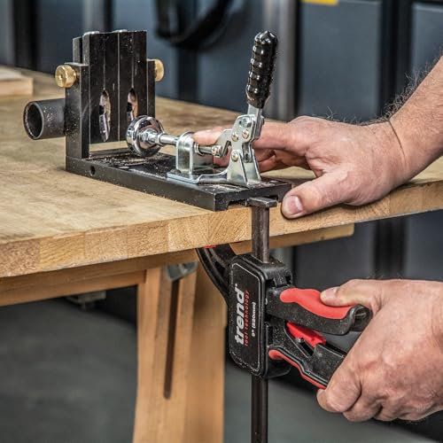 Trend Pocket Hole Jig Kit with Dual Column Jig, Face Clamp, HSS Drill Bit & Depth Setting Collar, 2 Square Bit Drives & 100 Pocket Hole Screws, PH/JIG