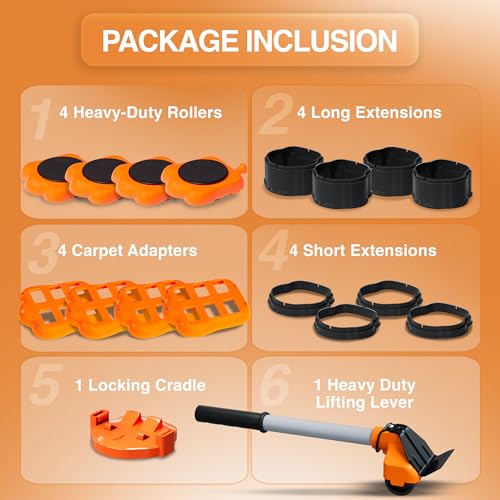 Heavy Duty Furniture Lifter & Moving Kit – Lift & Glide Couches, Beds, Appliances with Ease – 4 Roller Sliders (660 lbs Each), Adjustable Height Lifter, Carpet Adapters for All Floors
