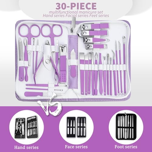 Manicure kit for Women Personal Nail Care Kit, 30 in 1 Professional Stainless Steel fingernail and toenail Clippers,Pedicure Kit and Beauty Tools Portable Set with Luxurious Travel Case (Purple) - color: 30 in 1 Purple