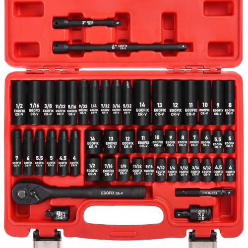 1/4" Socket Ratchet Wrench Set 52PCS, Metric Shallow and Deep Socket (4-14mm), SAE Shallow and Deep Socket (5/32-1/2 inch), with Ratchet Handle, Extension Bar, Adapter, Impact Universal Joint - color: 1/4-52pcs