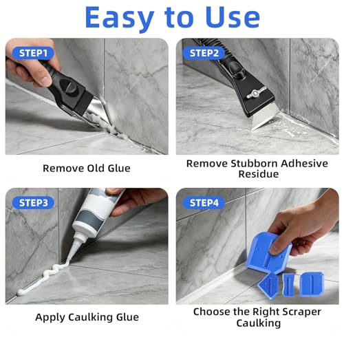 Silicone Caulking Tool Kit, Caulk Remover Tool, Putty Knife Scraper, 3 Glass Glue Corner Scrapers, Grout Removal Tool with Stainless Steel Head for Kitchen Bathroom and Window - color: 2-black