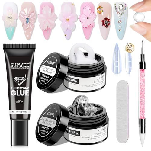 3d Nail Sculpting Gel Set: Clear White Solid Builder Gel for Nails | Nail Rhinestone Glue for 3d Nails Art Sculpture Molding Carving Extension All-in-1 Kit for Home DIY Manucure - color: Clear Clear and White