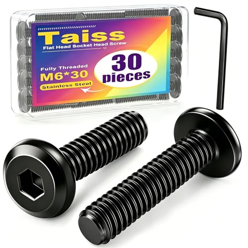 Taiss 30pcs M6 x 30mm Flat Head Socket Head Screw Furniture Bolts,Furniture Screws Stainless Steel 18-8(304),M6 Bolts Black Zinc Plated Fully Threaded,Countersunk Connector M6 Screws with Hex Spanner - size: 30PCS M6x30mm