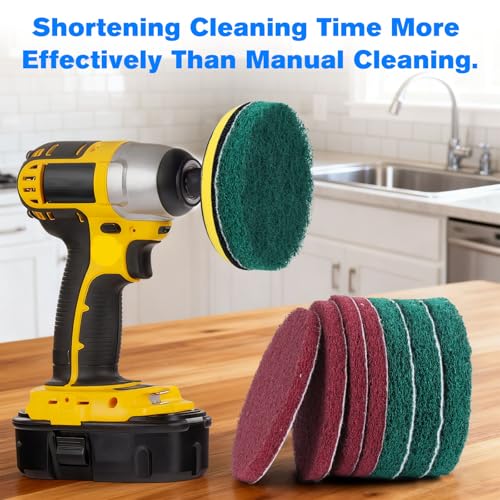 4" Drill Brush Scouring Pads Set, 4Red 4Green + Attachment & Shaft for Tile