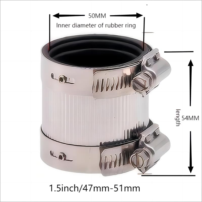 Flexible pipe Coupling with Stainless Steel Clamps.Pipe Connector for PVC and Metal Pipes (1.5inch/47mm-51mm) - size: 1.5 inch (47-51 mm)