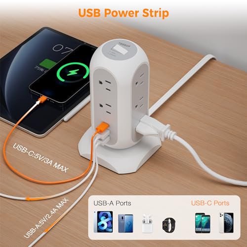 TESSAN Tower Power Strip Flat Plug with 1050J Surge Protection, 6 Ft, Grey (Pack of 2) - color: White, size: 6 Feet (Pack of 2)